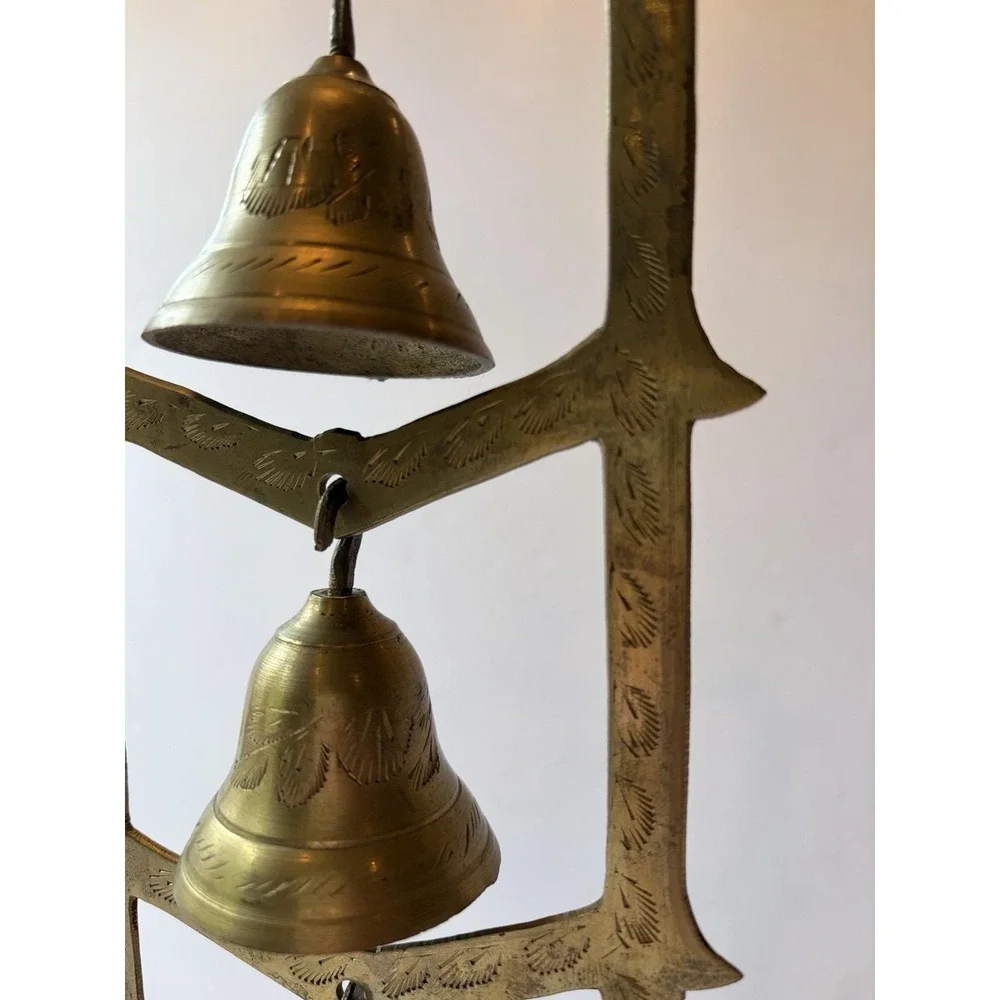 Vintage Brass Bell Tree 3 Etched Bells Stand Striker India Meditation Boho